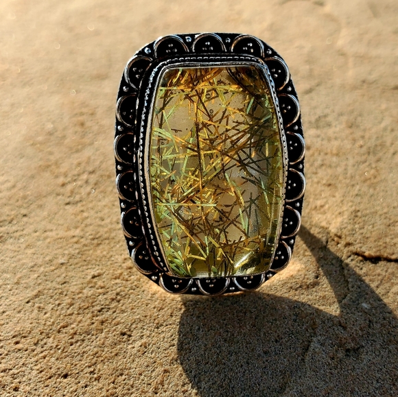 New Huge Gold Rutilated Quartz 925 Silver Ring. - Picture 5 of 12